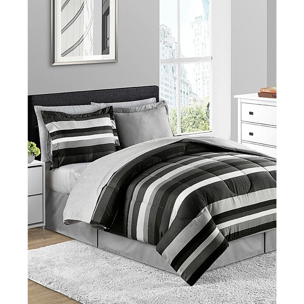 Fairfield Square Collection Austin Comforter Set King Black Reversible 8Pc BED88